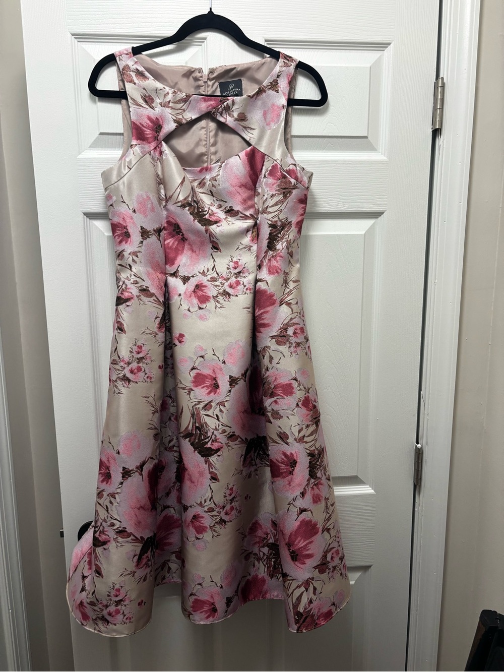 Adrianna Papell Pink and Cream Floral Satin Fit & Flare Dress